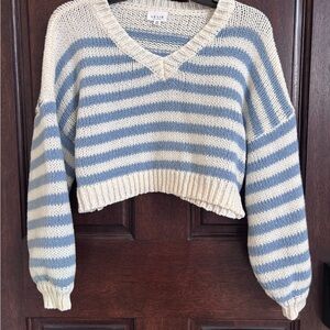 Le Lis Striped Cropped V-Neck Sweater in Cream and Light Blue